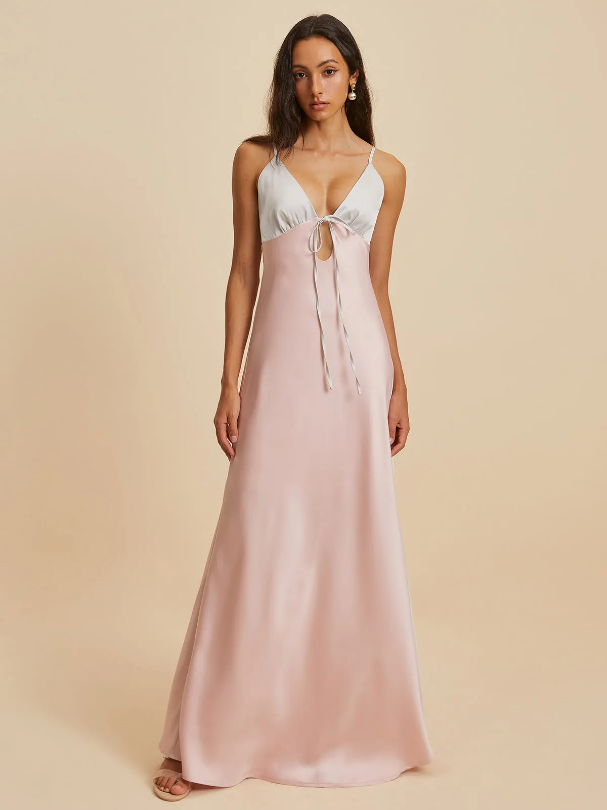 Bow Satin V-Neck Long Dress sold by COMMENSE product image thumbnail 3