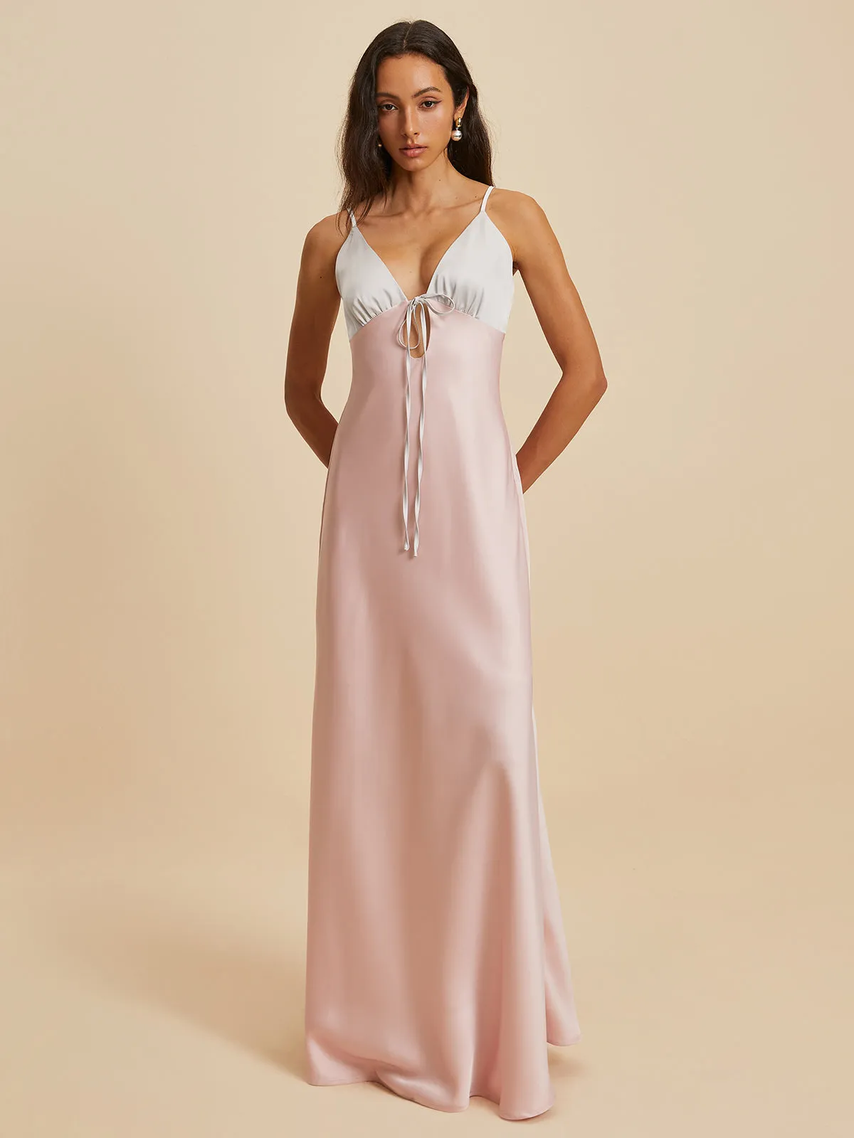 Bow Satin V-Neck Long Dress sold by COMMENSE product image thumbnail 4