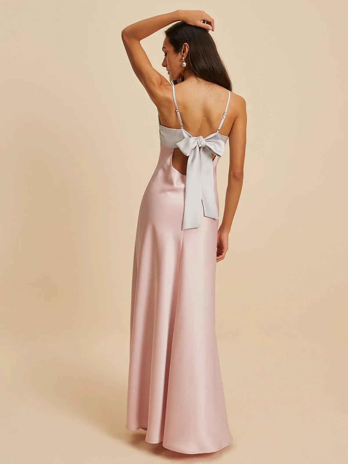 Bow Satin V-Neck Long Dress sold by COMMENSE