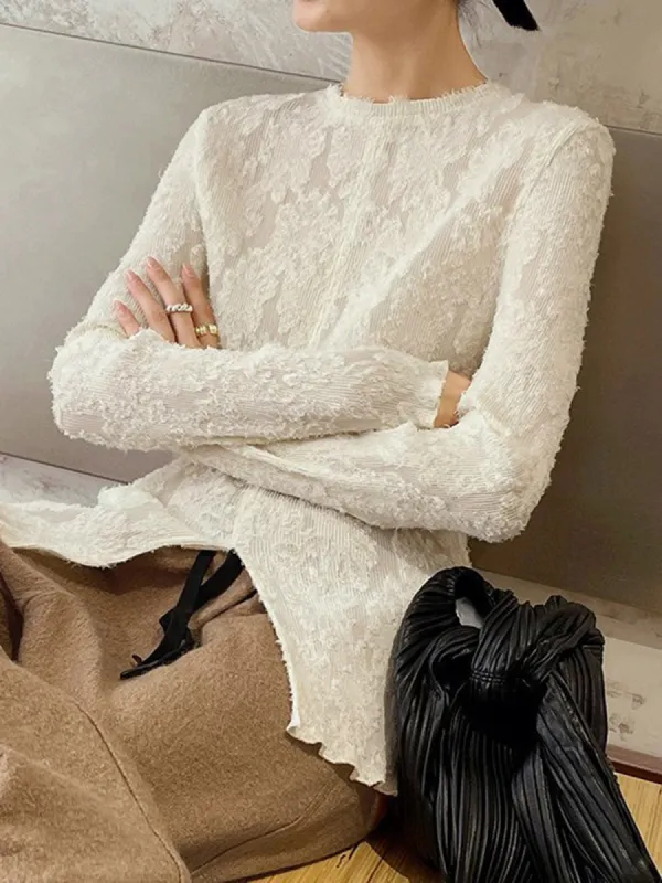 Semi-sheer Jacquard Lace Long Sleeve Split Top sold by COMMENSE