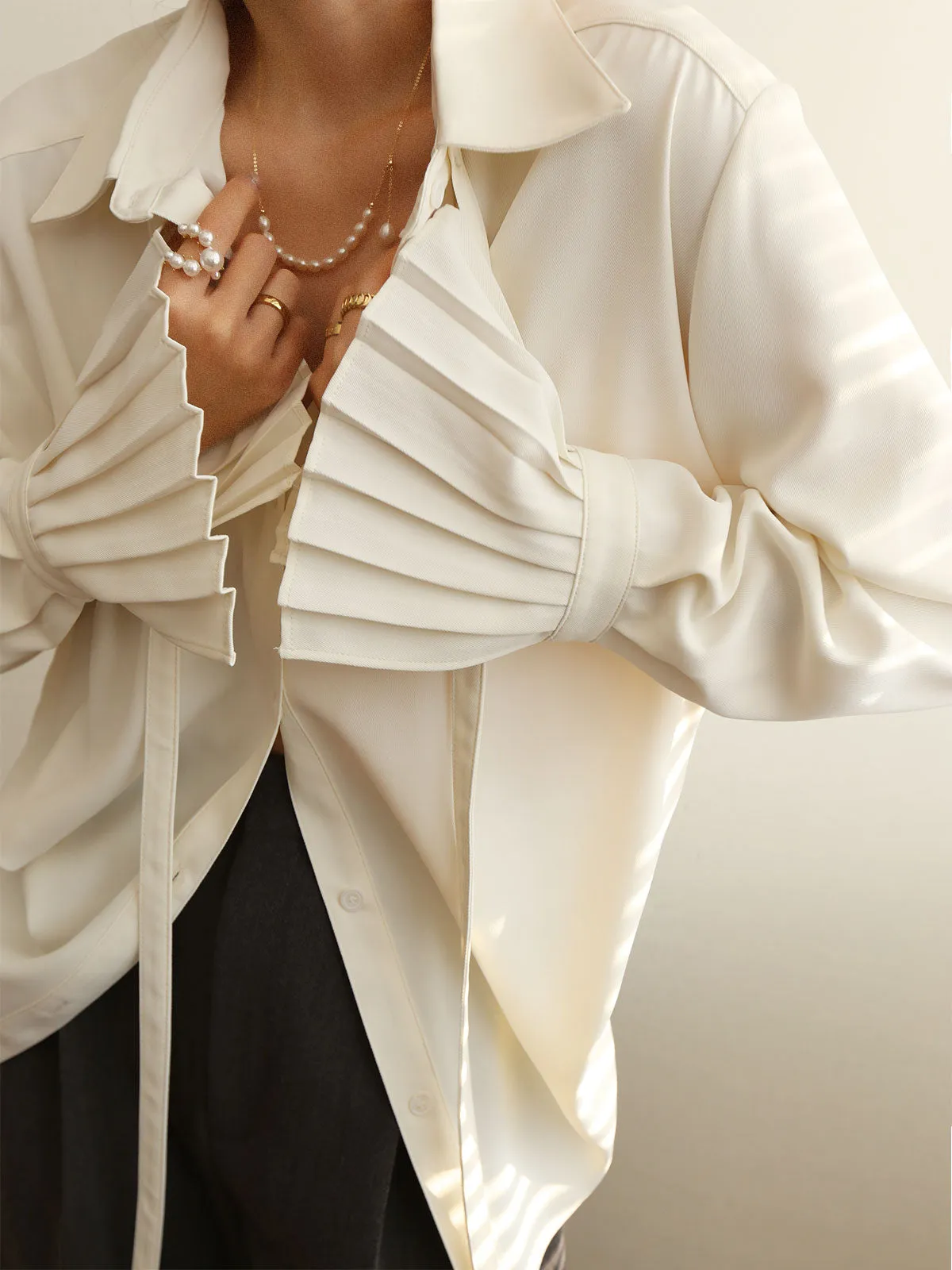 Pleated Cuff Collar Tied Button Shirt sold by COMMENSE