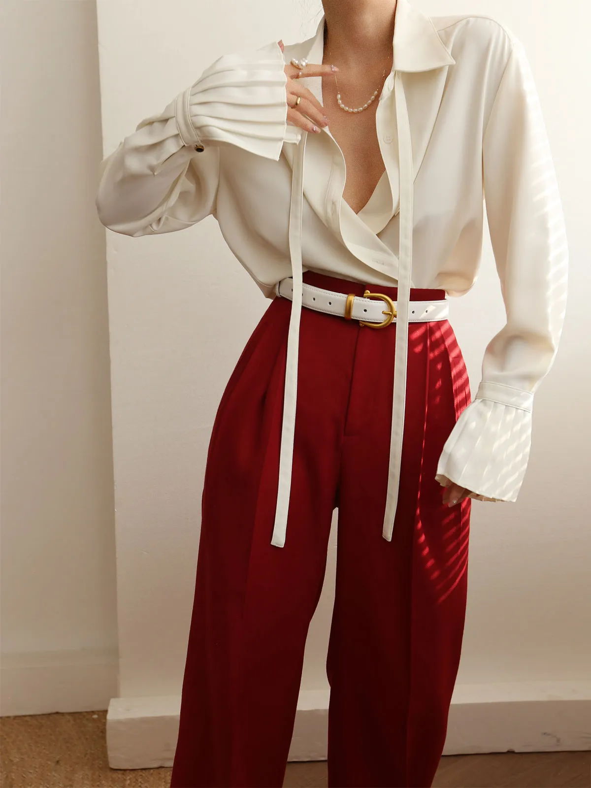 Pleated Cuff Collar Tied Button Shirt sold by COMMENSE product image thumbnail 3