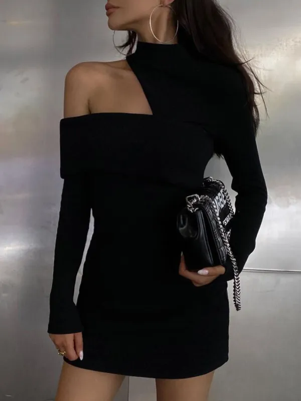 Mock Neck Oblique Cutout Rib Long Sleeve Short Dress sold by COMMENSE