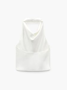 Cowl Halter Neck Open Back Satin Crop Top sold by COMMENSE