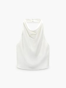 Cowl Halter Neck Open Back Satin Crop Top sold by COMMENSE