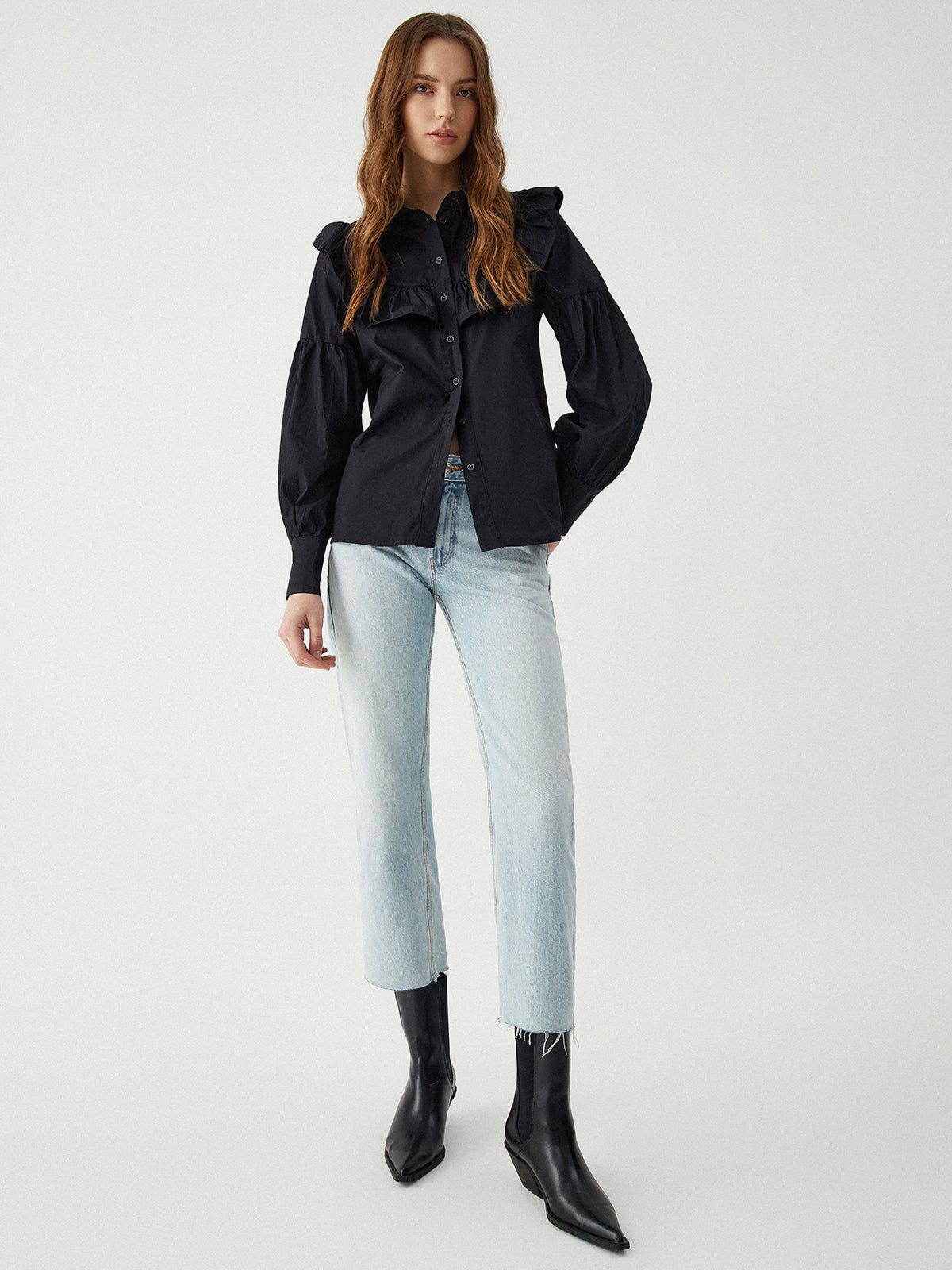 Ruffle Trim Collar Long Sleeve Button Top sold by COMMENSE product image thumbnail 2