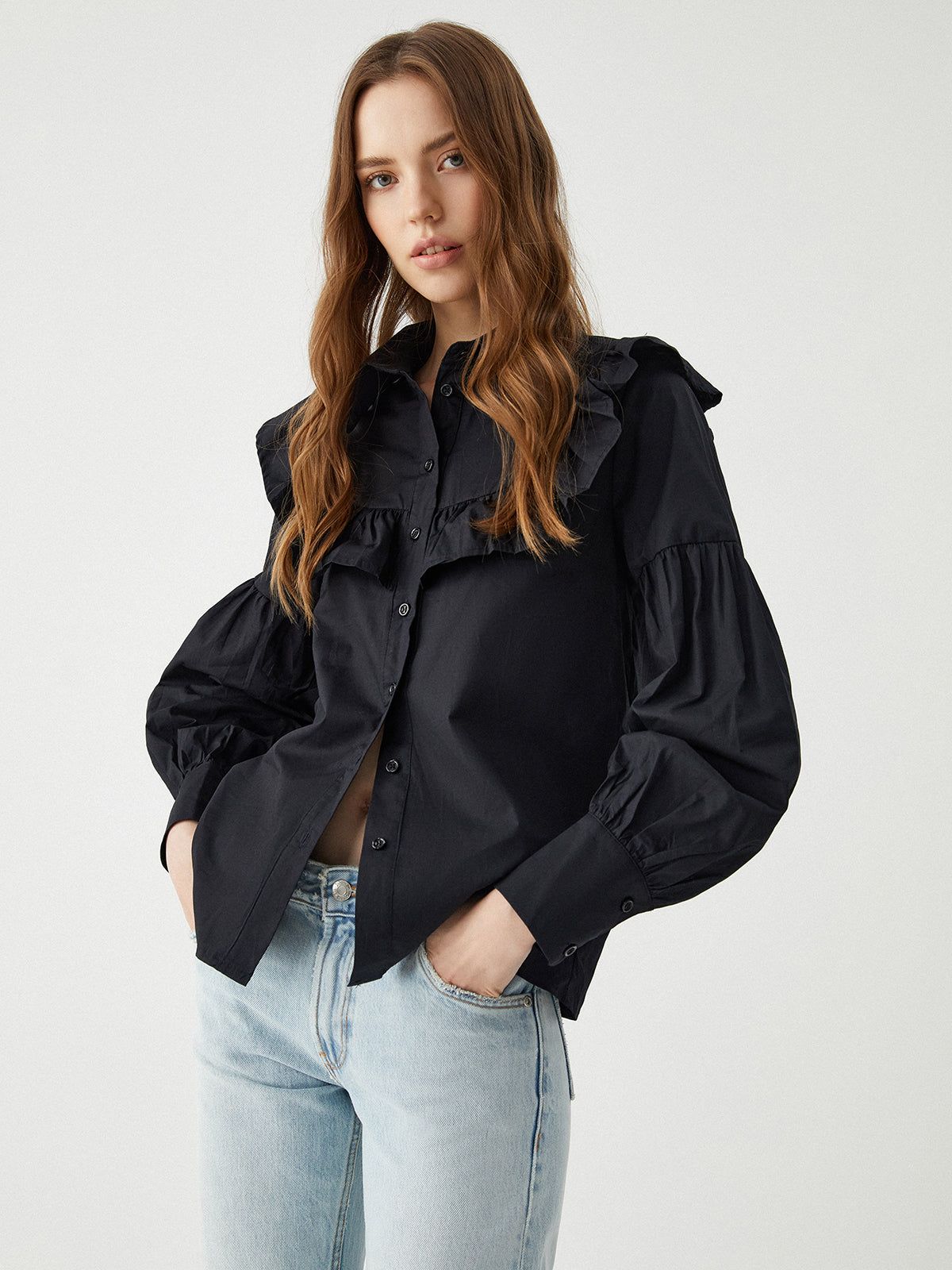 Ruffle Trim Collar Long Sleeve Button Top sold by COMMENSE product image thumbnail 3