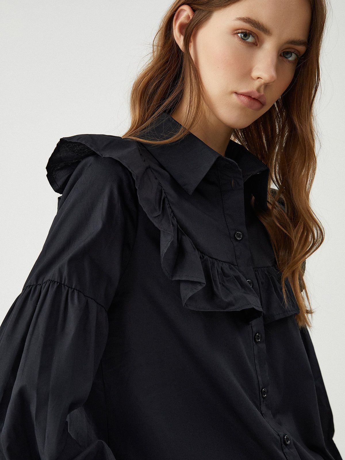 Ruffle Trim Collar Long Sleeve Button Top sold by COMMENSE product image thumbnail 4