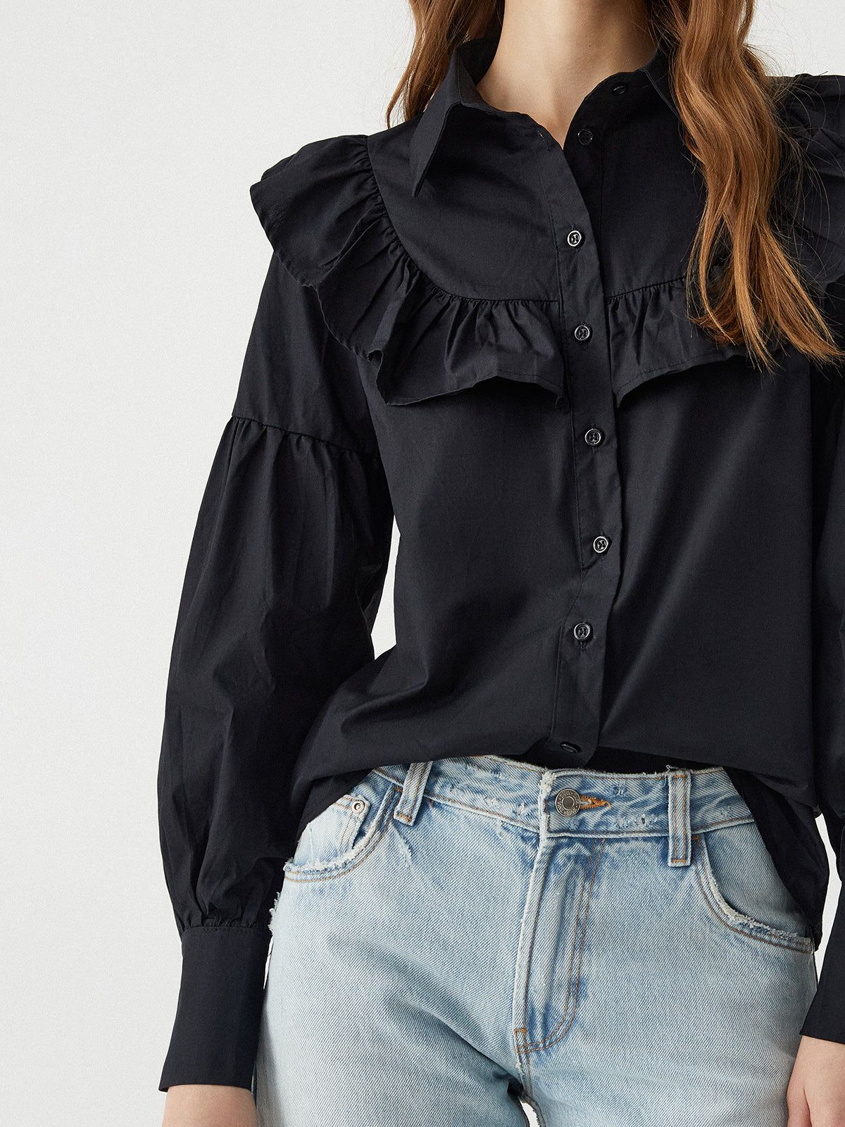 Ruffle Trim Collar Long Sleeve Button Top sold by COMMENSE