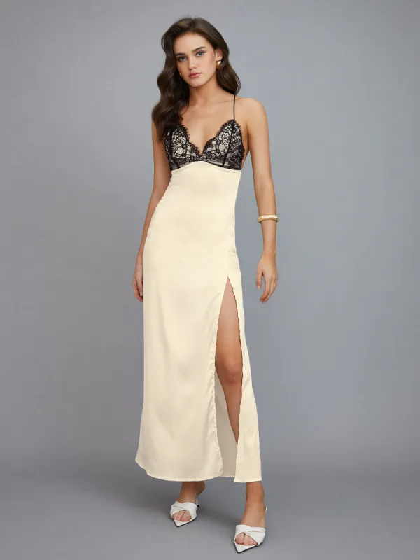 Crisscross Lace Detail Split Long Dress sold by COMMENSE