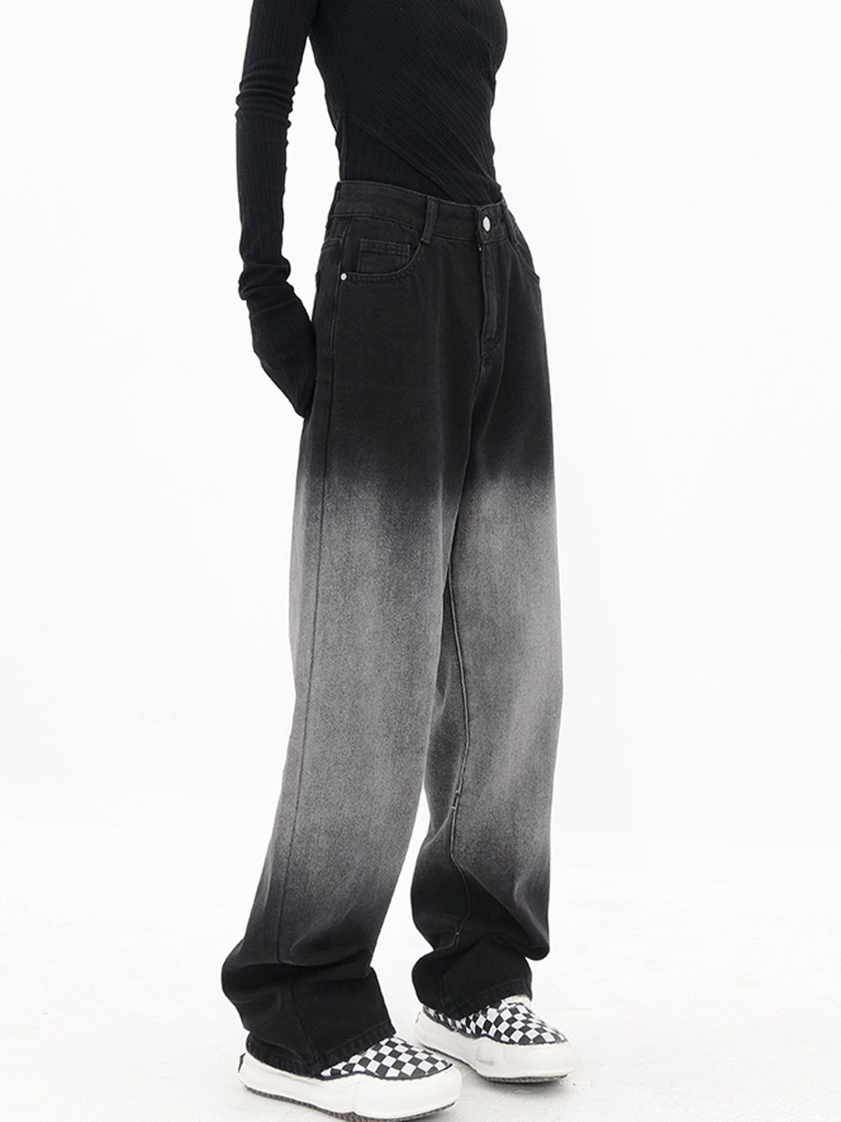 Gradient Black Denim Wide Leg Boyfriend Jeans sold by COMMENSE product image thumbnail 2