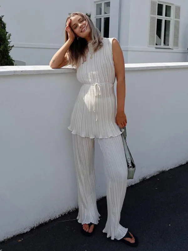 Solid Belted Pleated Pants Set sold by COMMENSE