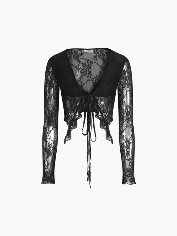 Lace V-Neck Knotted Long Sleeve Blouse sold by COMMENSE