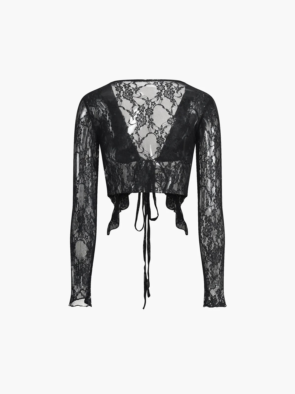 Lace V-Neck Knotted Long Sleeve Blouse sold by COMMENSE product image thumbnail 2