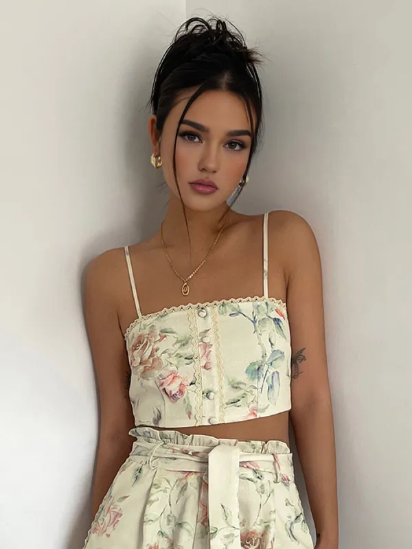 Plant Print Lace-Up Top sold by COMMENSE