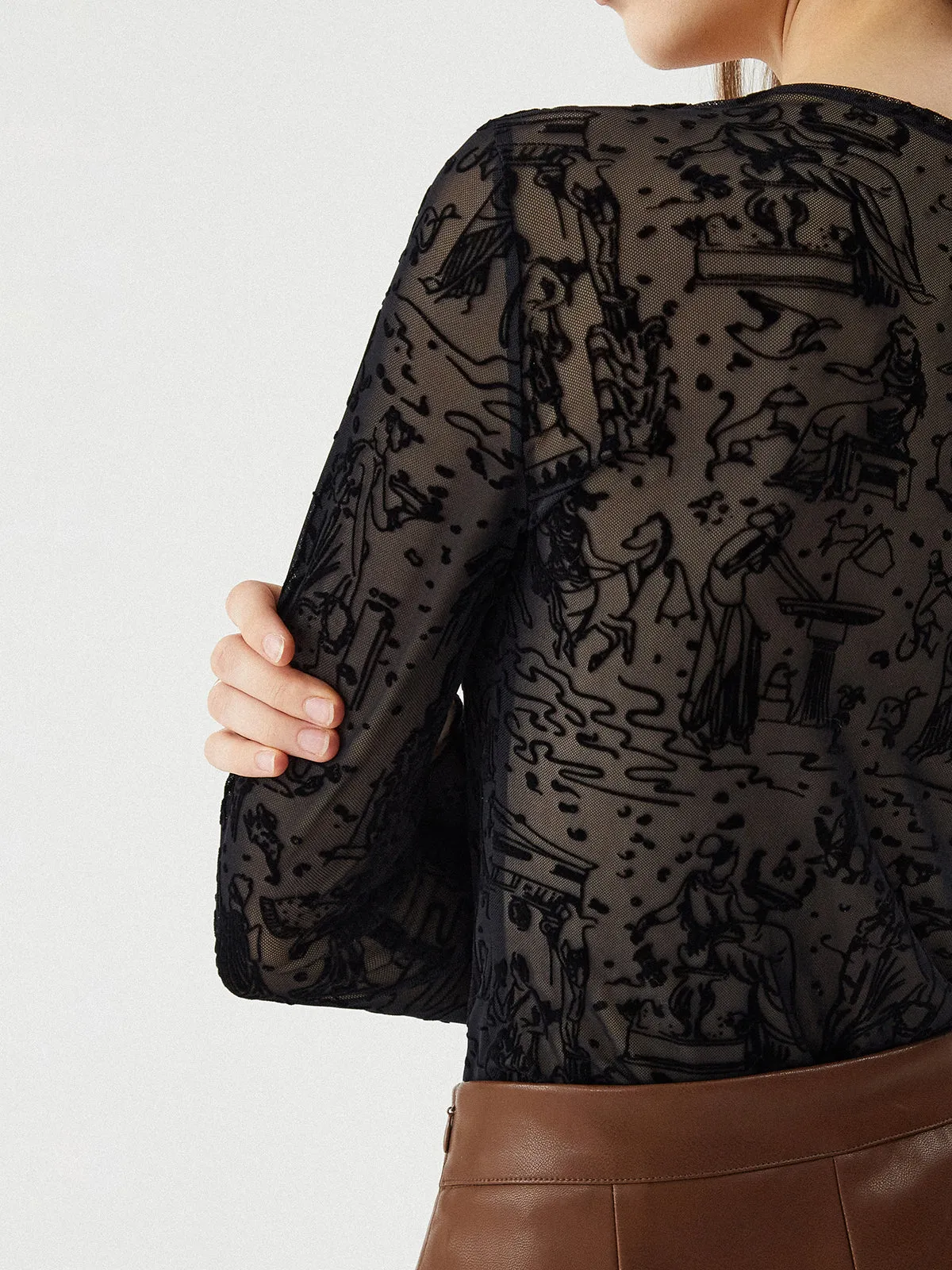 Print Mesh Long Sleeve V-Neck Top sold by COMMENSE product image thumbnail 5