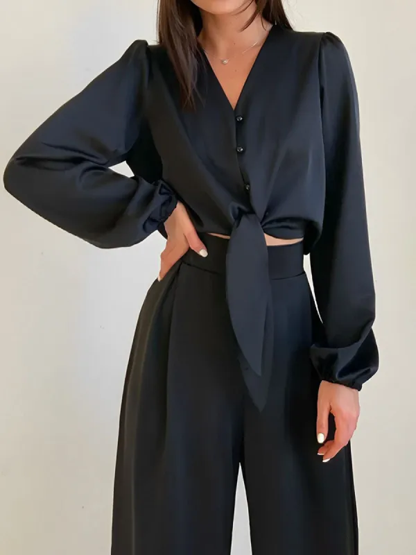 Satin Button Down Two Piece Pants Set sold by COMMENSE