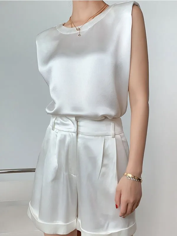 Ivory Glow Satin Two Piece Shorts Set sold by COMMENSE