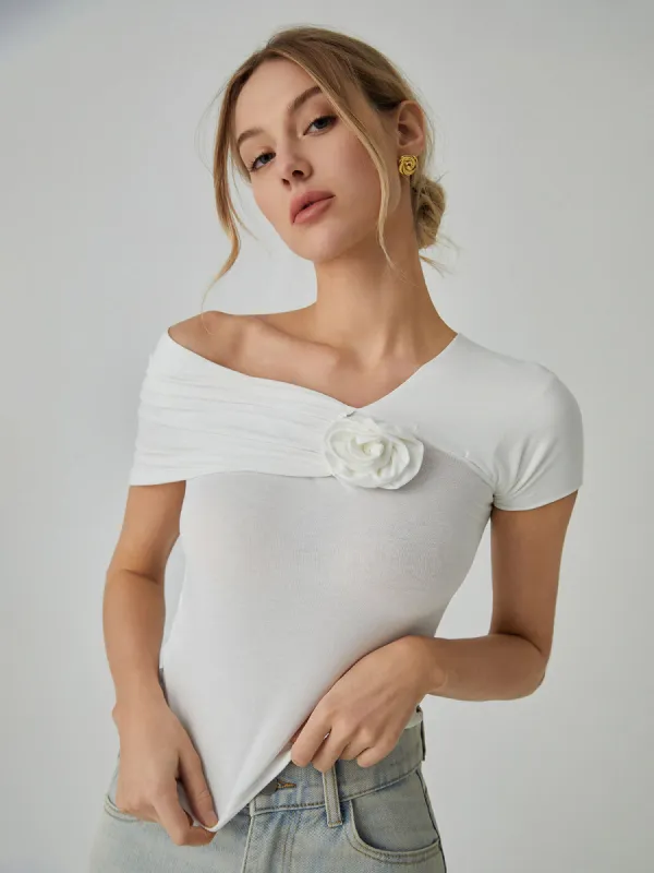 Rosette Asymmetric Short Sleeve Top sold by COMMENSE