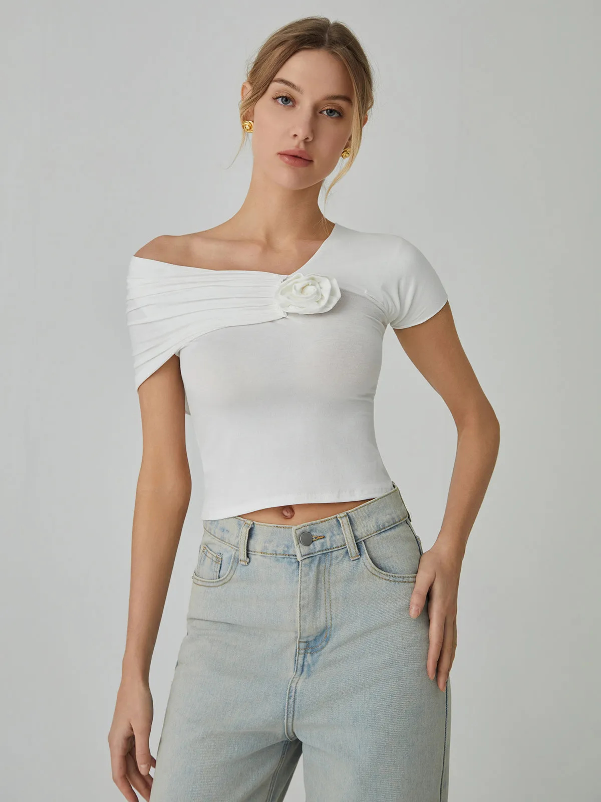 Rosette Asymmetric Short Sleeve Top sold by COMMENSE product image thumbnail 3