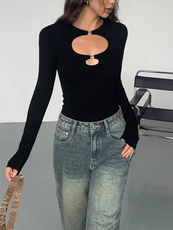 Double Keyholes Long Sleeve Top sold by COMMENSE