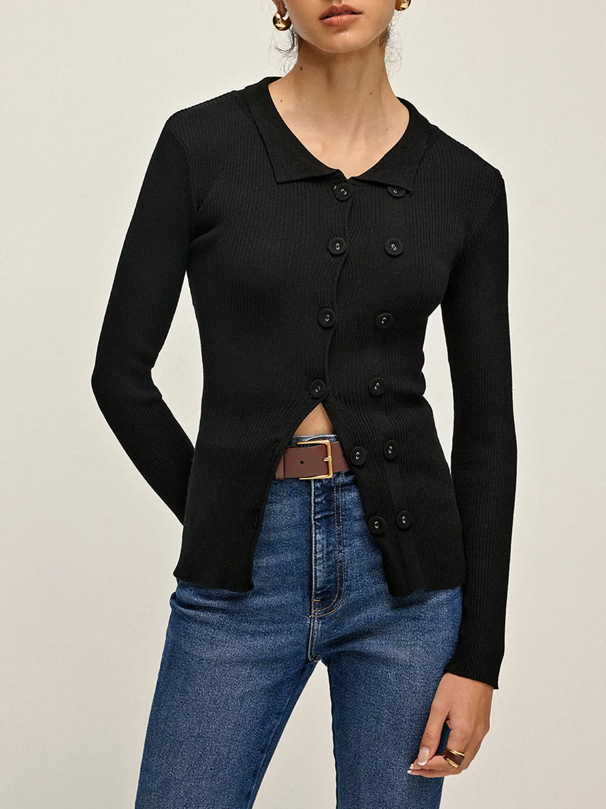 Plain Lapel Button Cardigan sold by COMMENSE