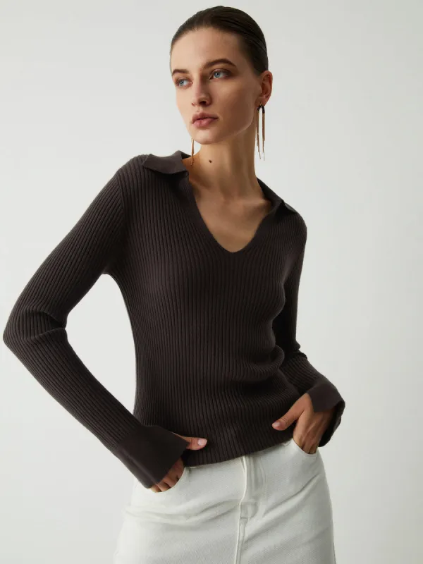 Chocolate Open Collar Long Sleeve Knit Top sold by COMMENSE