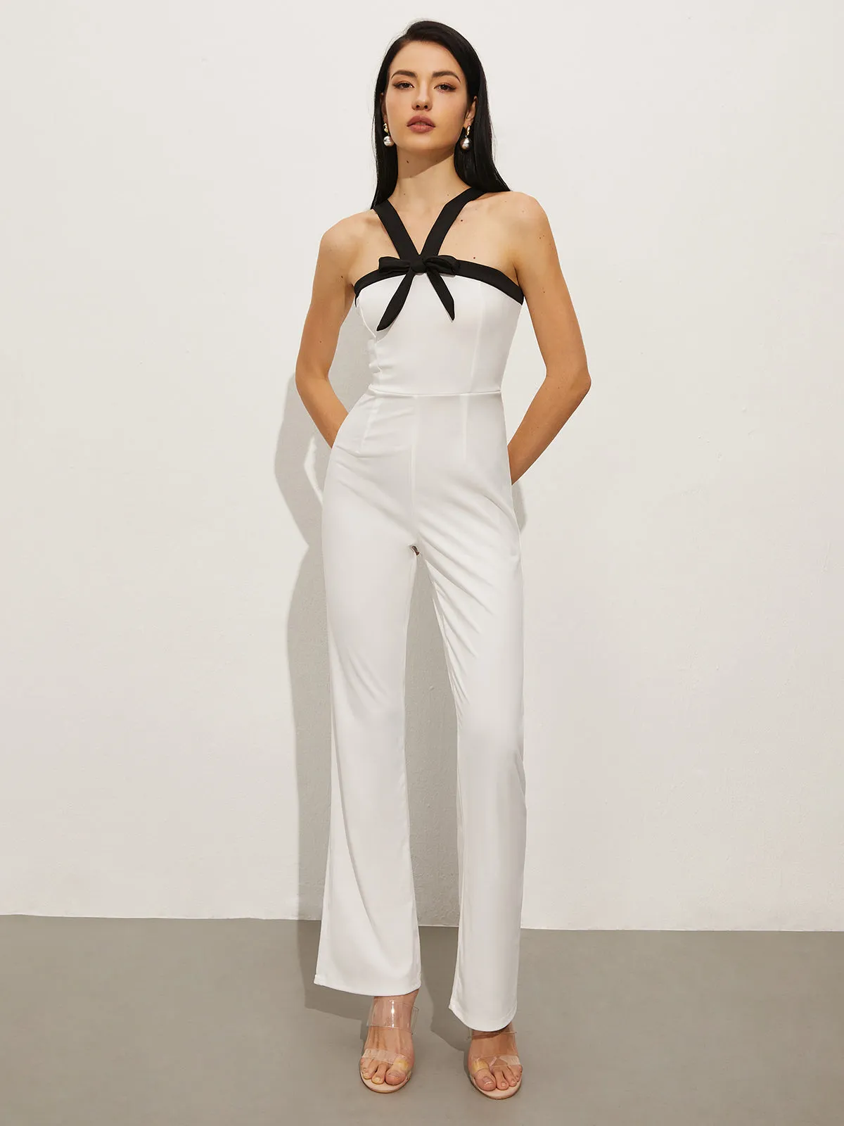 Contrast Trim Halter Bow Jumpsuit sold by COMMENSE