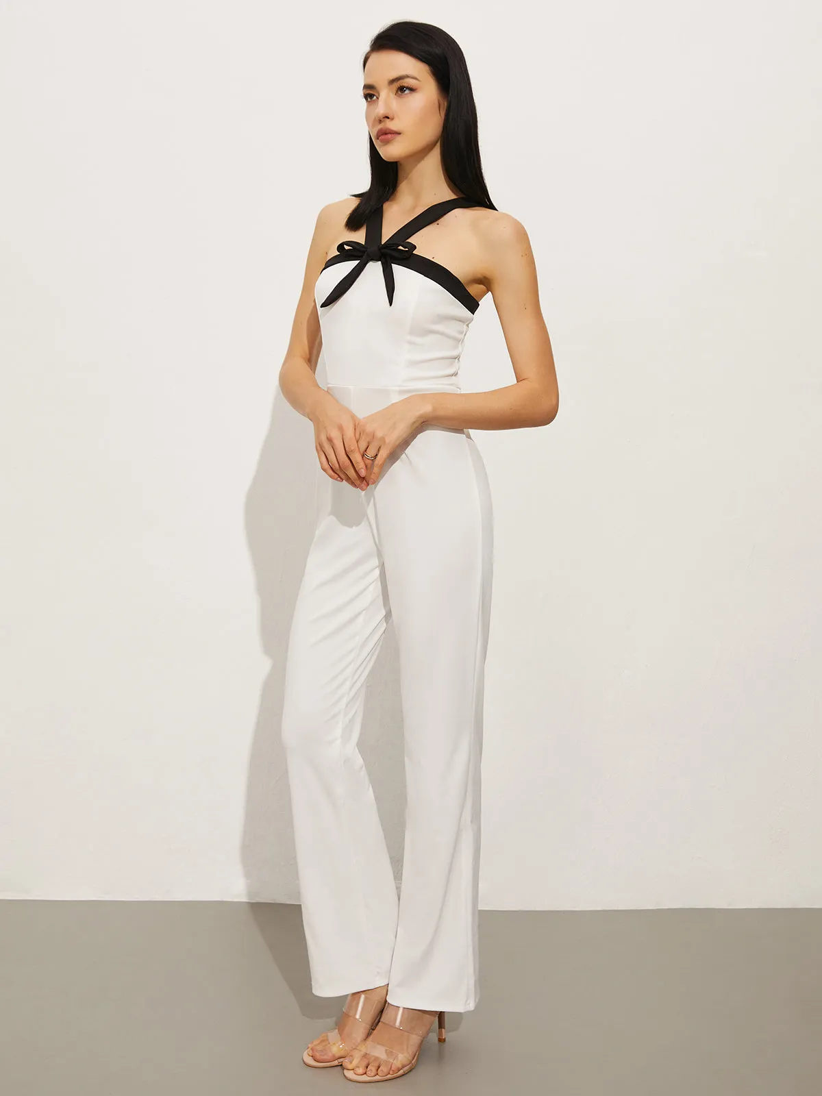Contrast Trim Halter Bow Jumpsuit sold by COMMENSE product image thumbnail 3