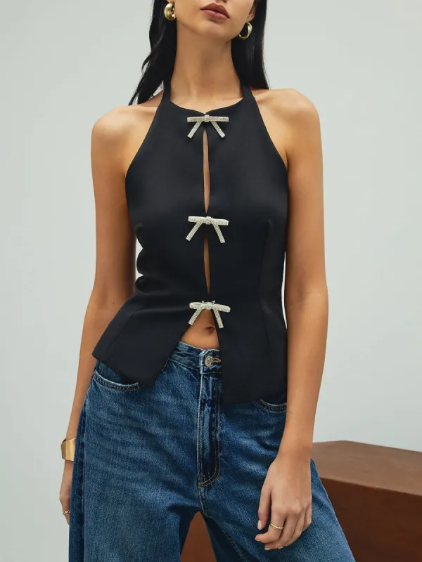 Rhinestone Bow Decor Halter Tank Top sold by COMMENSE