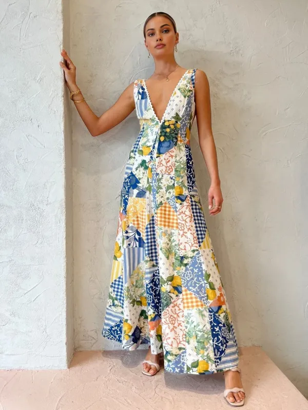 Lemonade Print Lace Trim Long Dress sold by COMMENSE