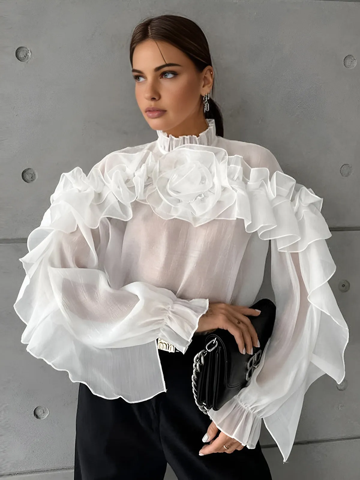 Chiffon Semi-Sheer Ruffle Top sold by COMMENSE
