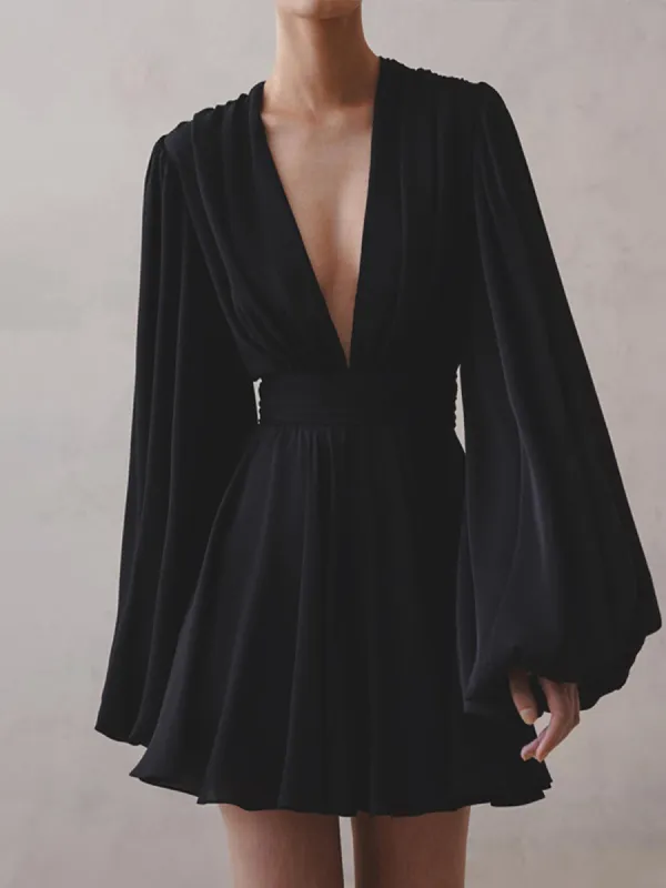 Chiffon Low Cut V-neck Pleated Zip Mini Dress sold by COMMENSE