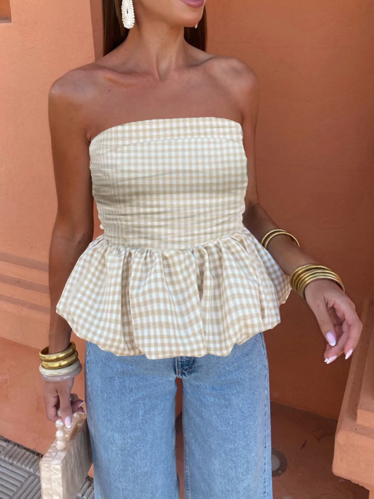 Puff Shirred Plaid Tube Top sold by COMMENSE