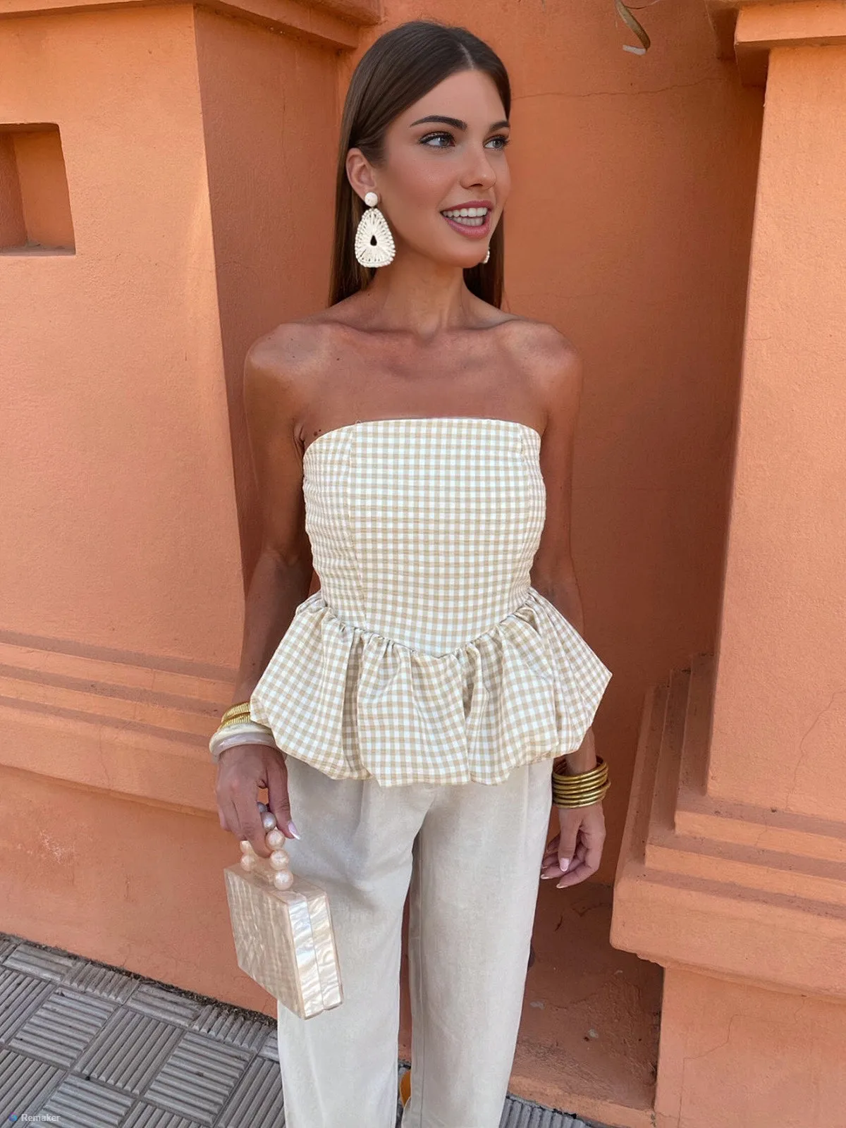 Puff Shirred Plaid Tube Top sold by COMMENSE product image thumbnail 5