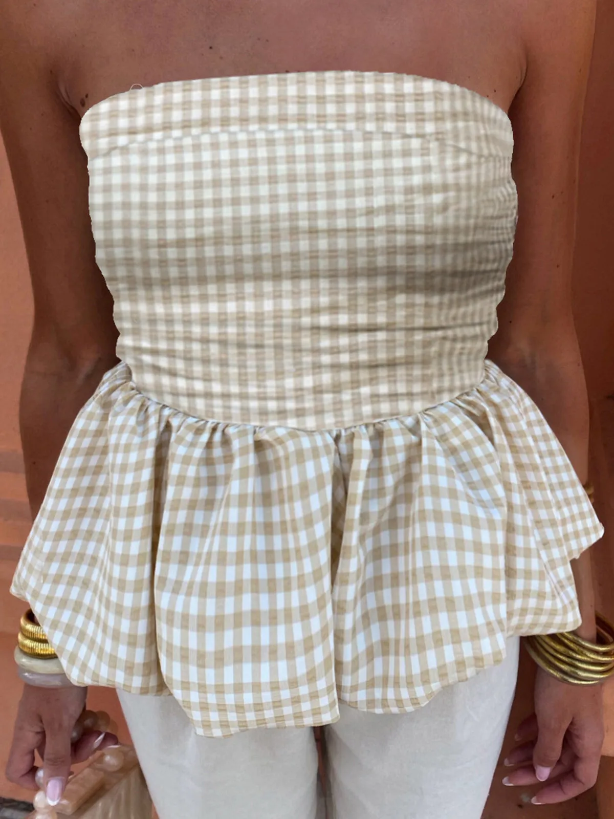 Puff Shirred Plaid Tube Top sold by COMMENSE product image thumbnail 3
