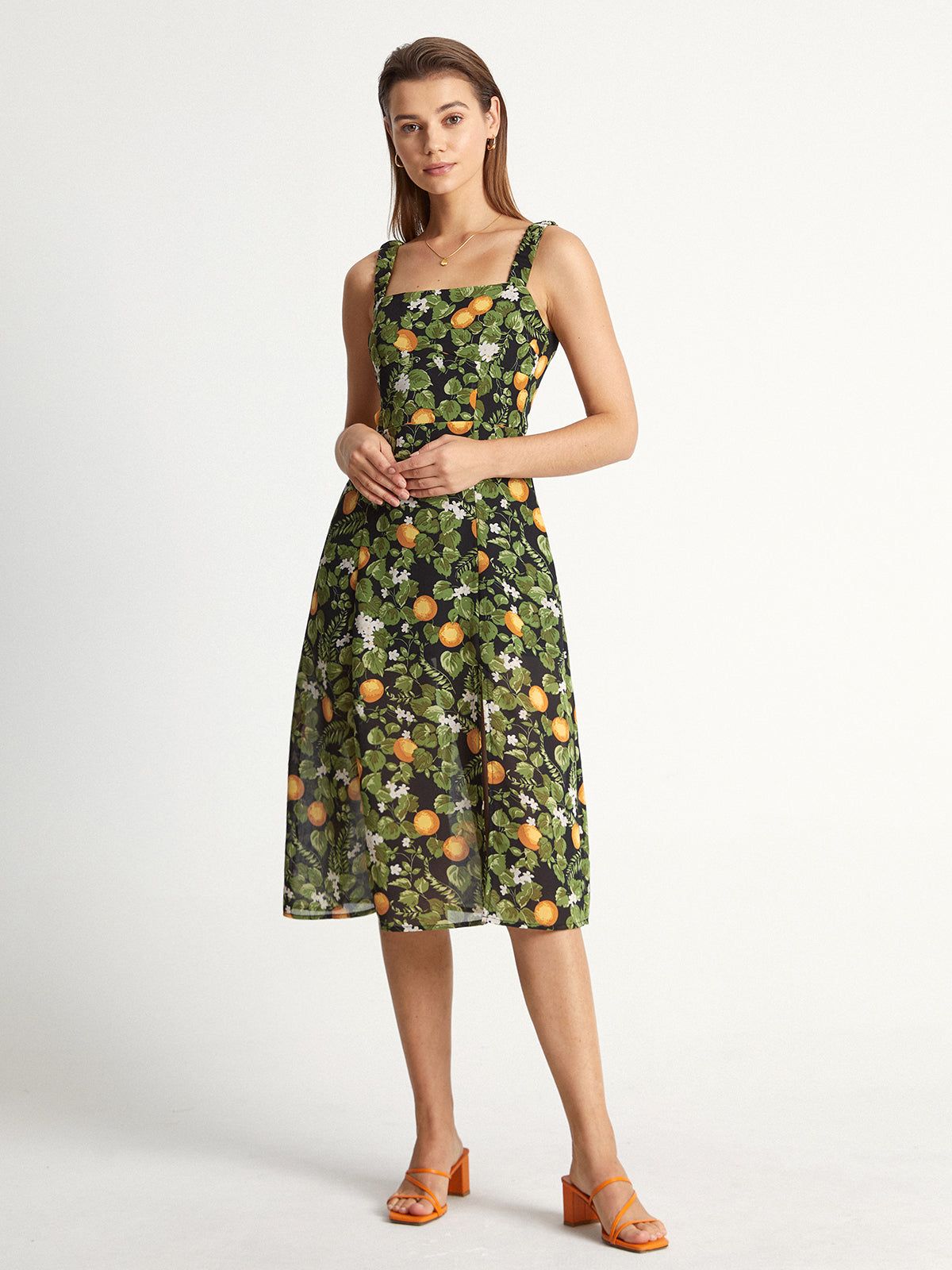 Square Neck Island Orange Midi Strap Dress sold by COMMENSE product image thumbnail 3