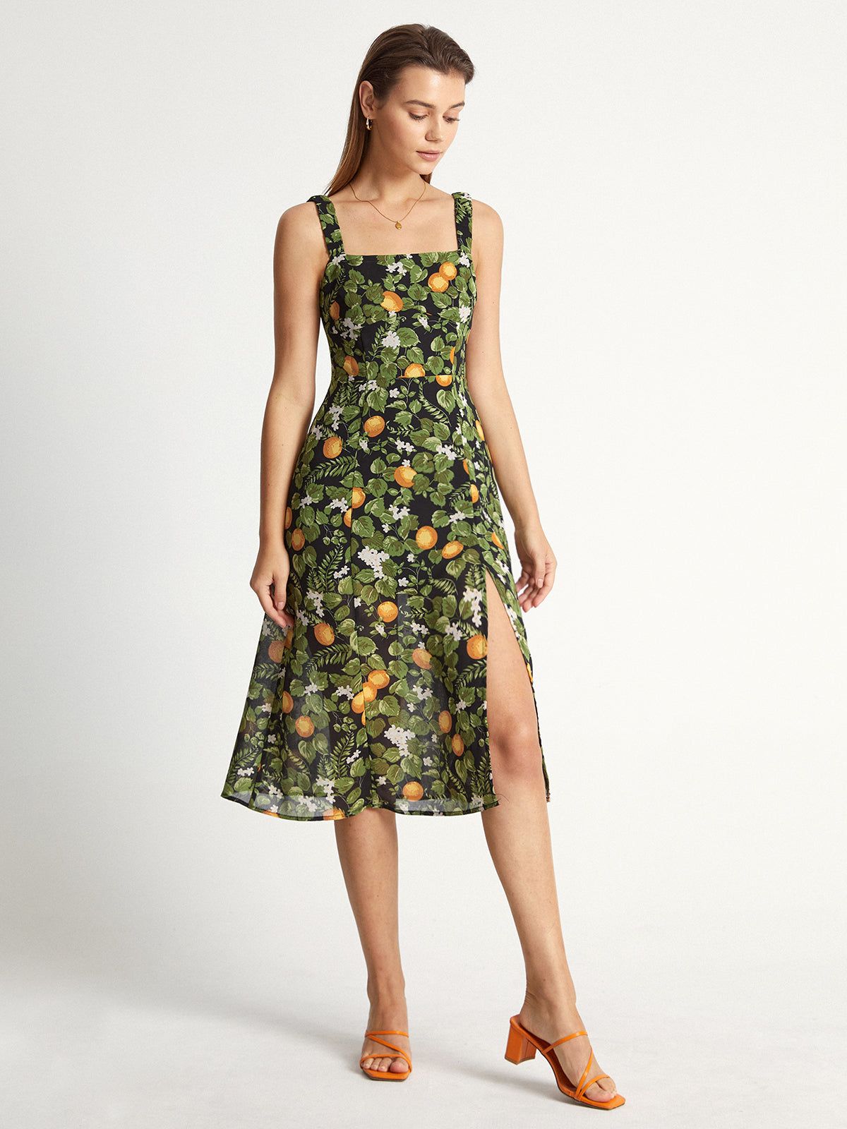 Square Neck Island Orange Midi Strap Dress sold by COMMENSE product image thumbnail 4