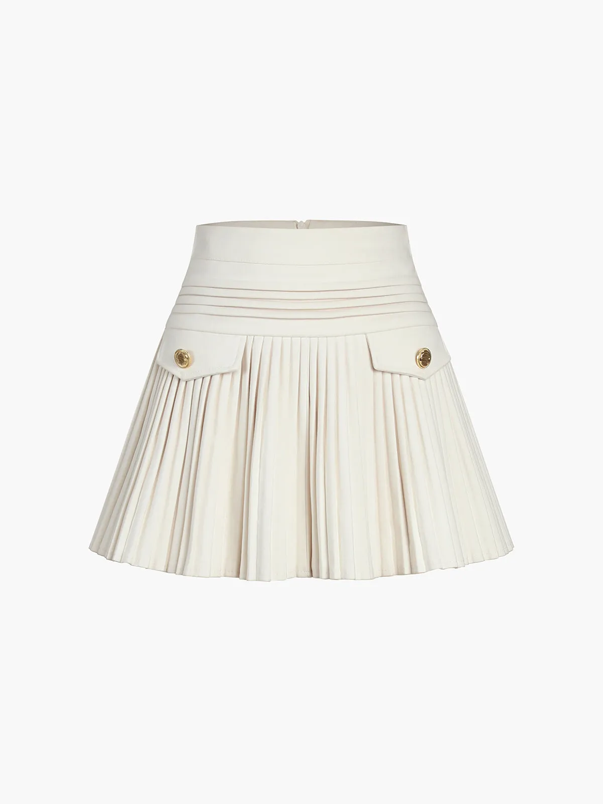 Golden Button Pleated Mini Skirt sold by COMMENSE