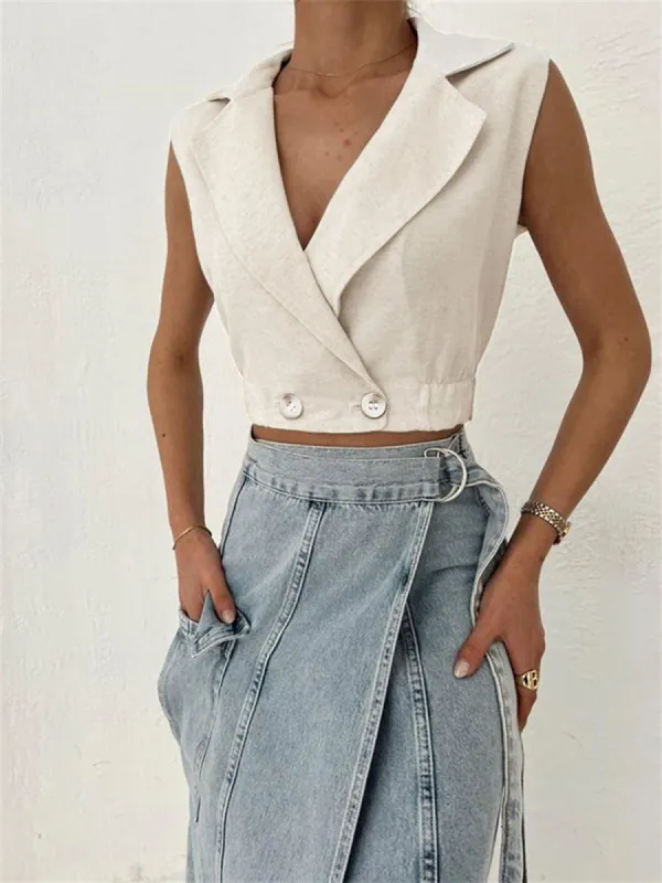 Collared Buttoned Warp Crop Top sold by COMMENSE