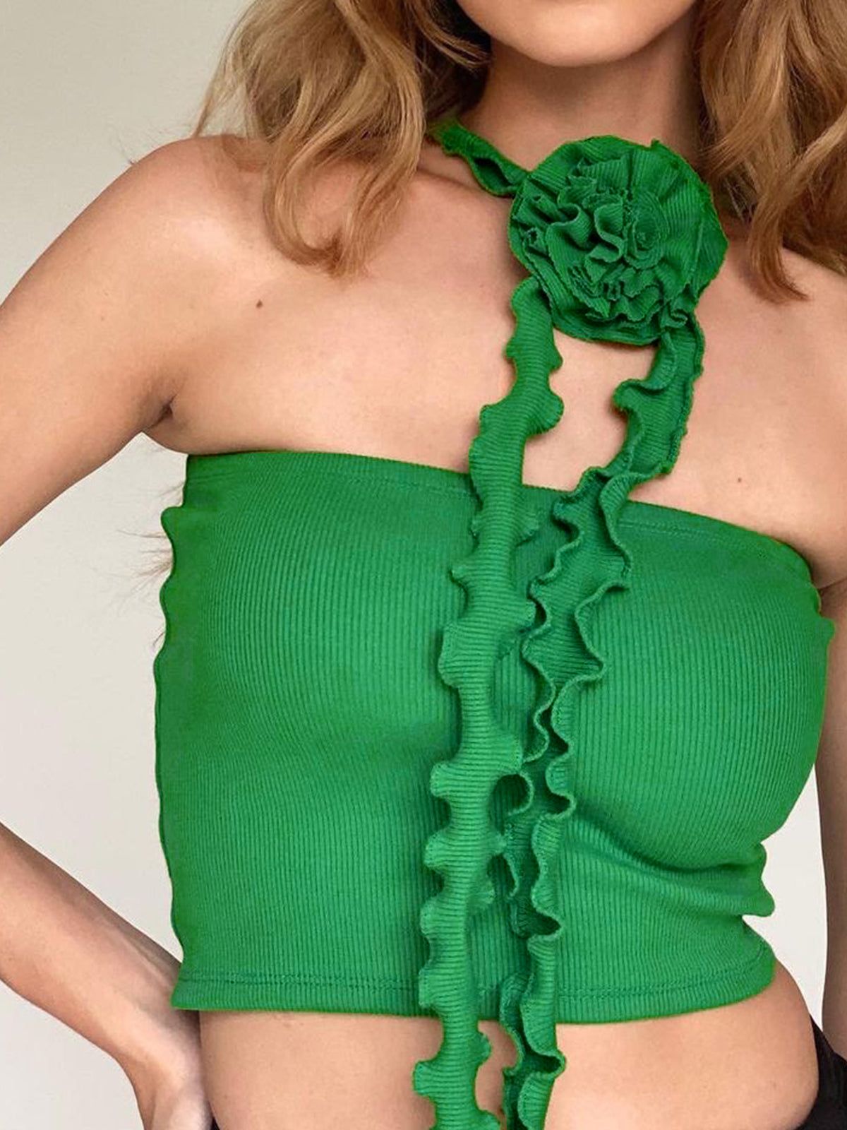 Rosette Ribbed Open Back Crop Tank Top sold by COMMENSE
