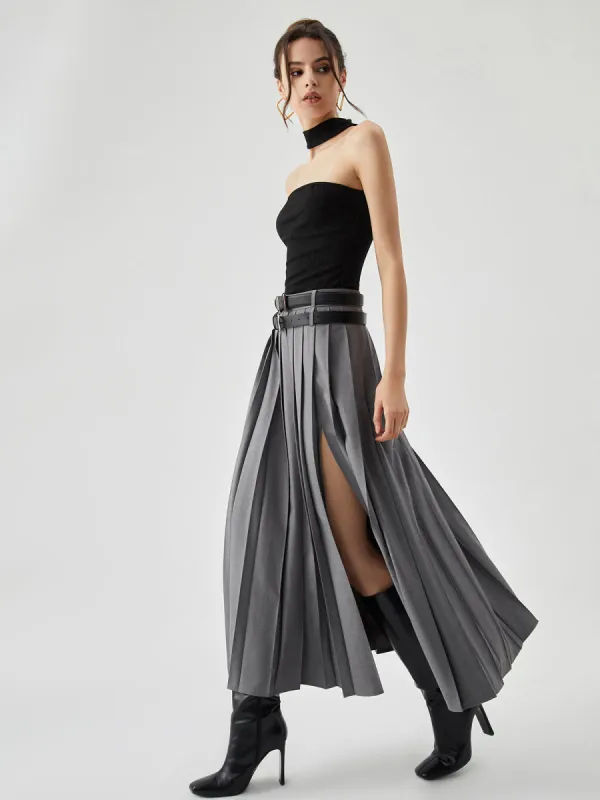 Pleated Split Maxi Skirt Without Belt sold by COMMENSE