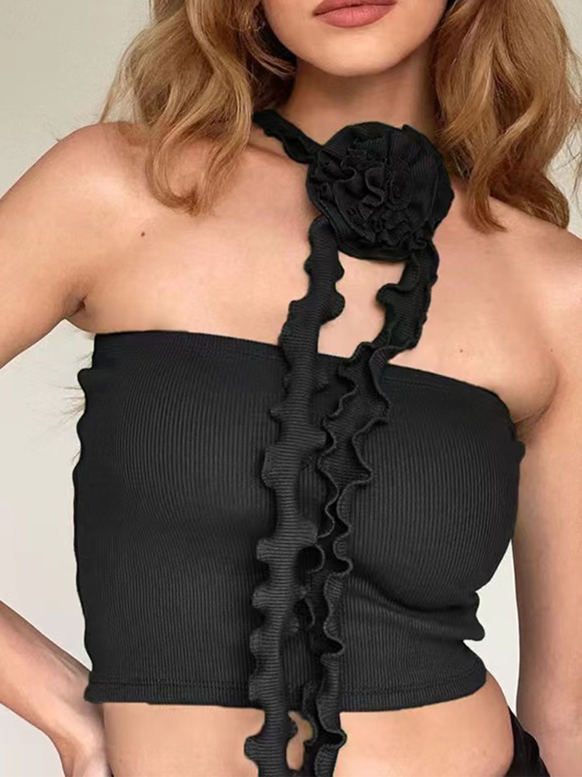 Rosette Ribbed Open Back Crop Tank Top sold by COMMENSE product image thumbnail 6