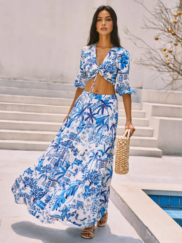 Cocoa Palm Print Boho Knotted Vacation Skirt Set sold by COMMENSE
