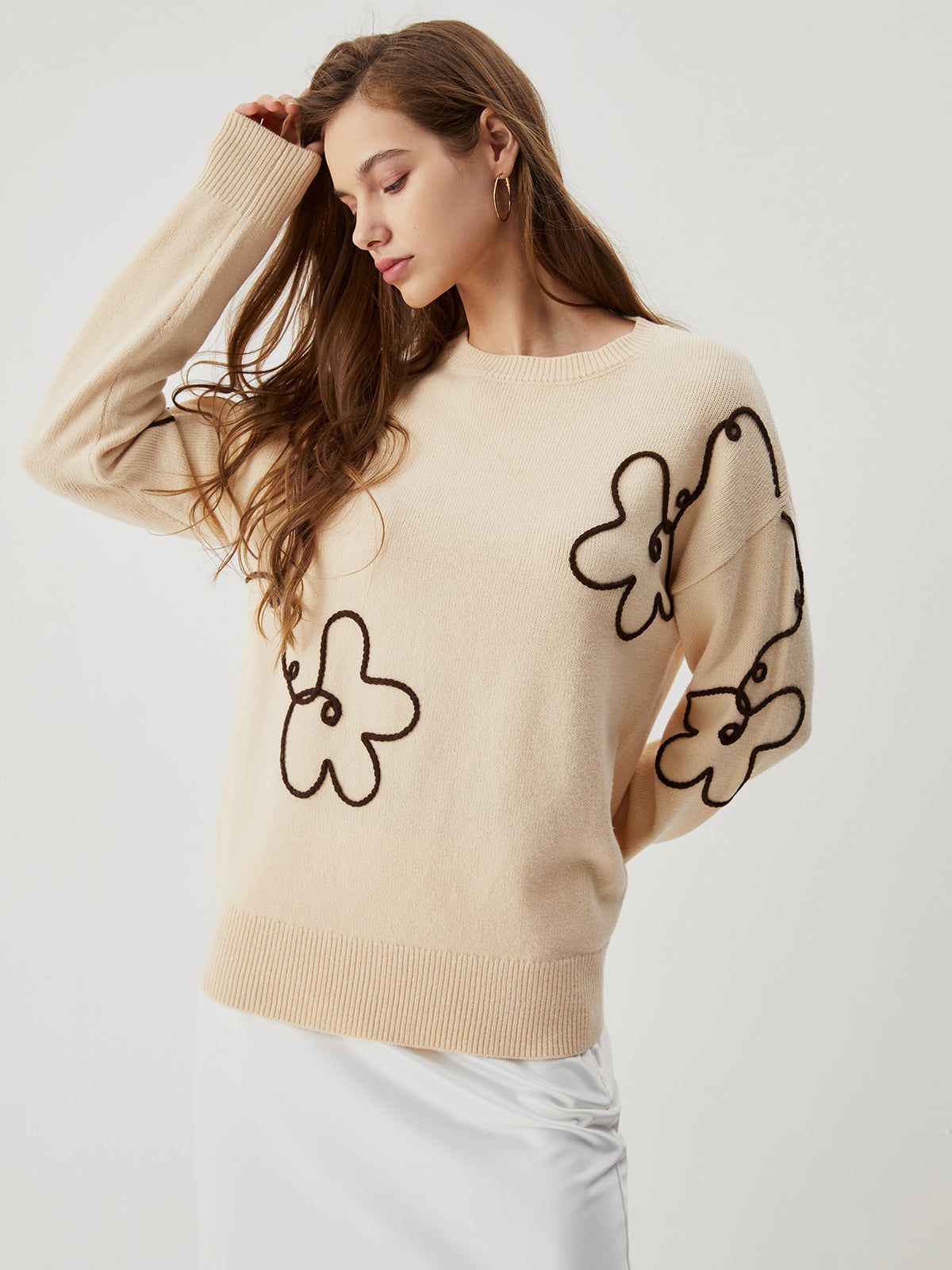 Knit Floral Crew Neck Sweater sold by COMMENSE