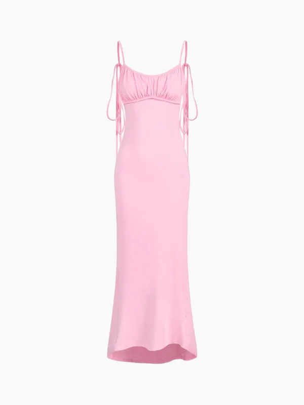 Ruched Cup Detail Tie Strap Open Back Long Dress sold by COMMENSE