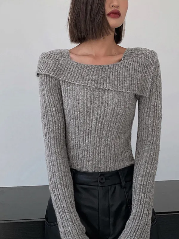 Asymmetric Overfold Square Neck Long Sleeve Knit Top sold by COMMENSE