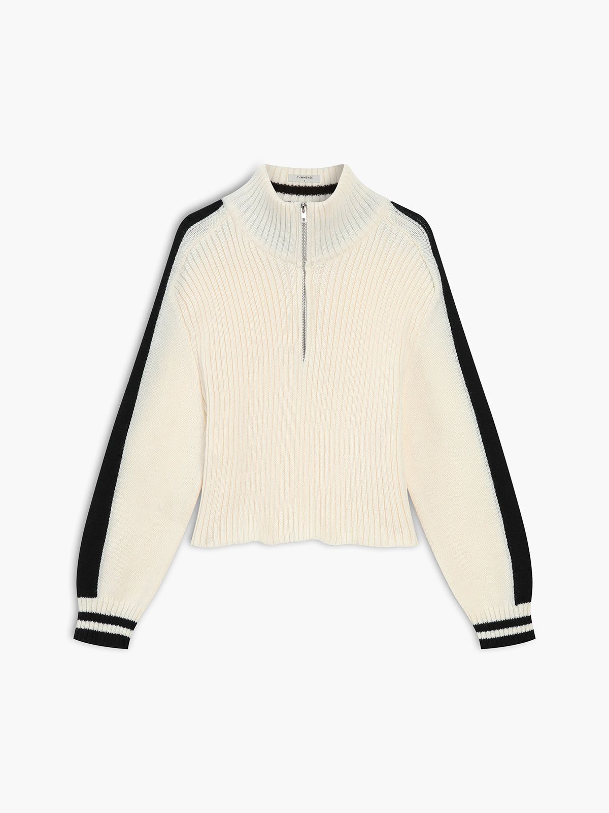 Contrast Trim Ribbed Knit Zipper Sweater sold by COMMENSE