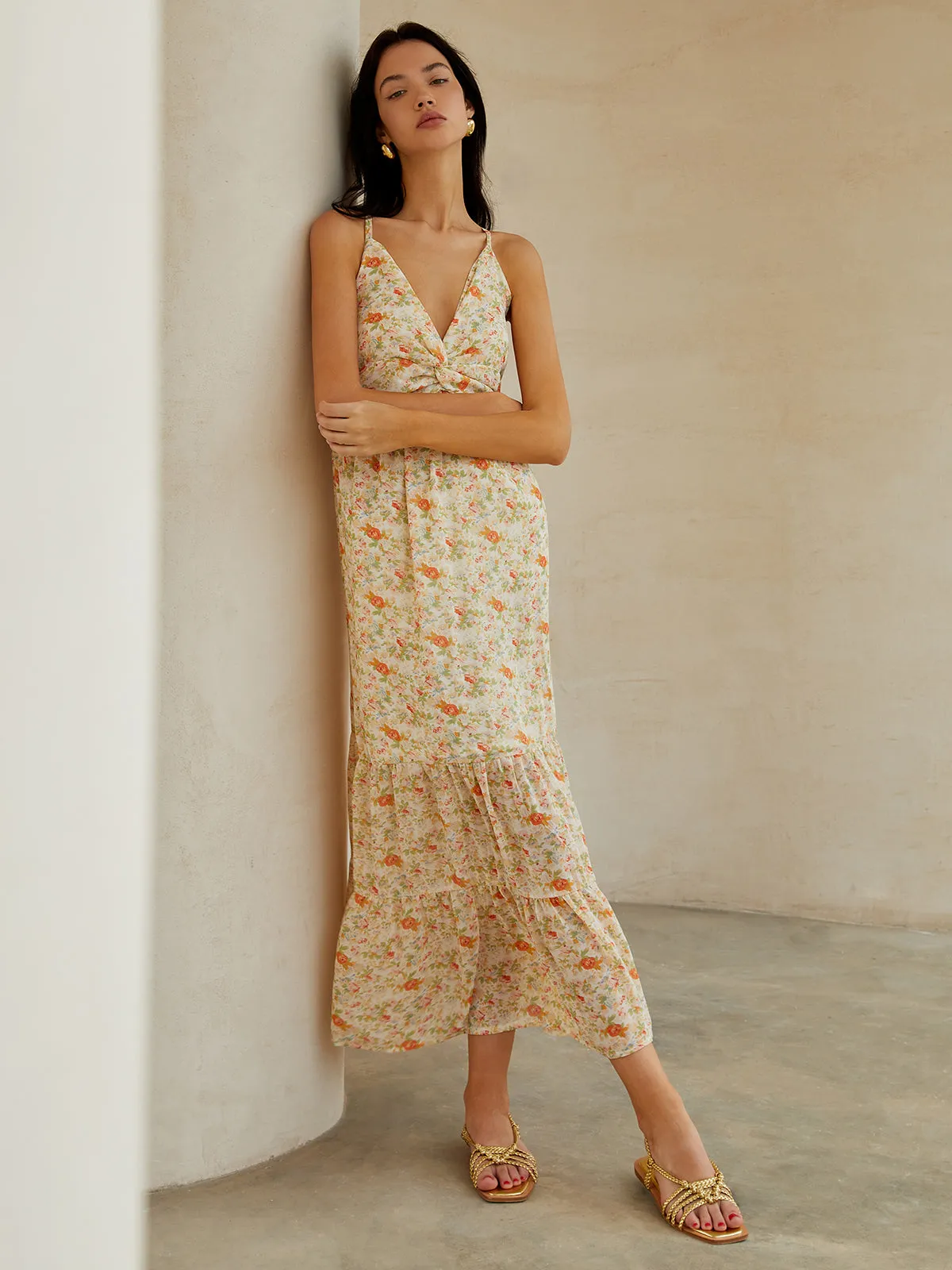 Floral Backless Knotted Crisscross Cami Long Dress sold by COMMENSE product image thumbnail 5