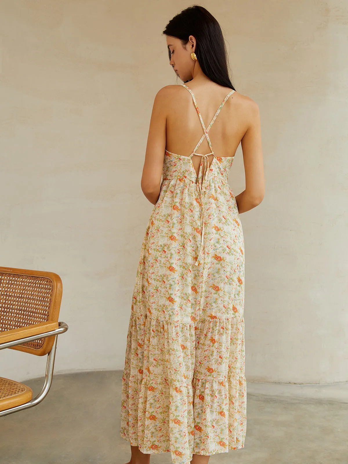 Floral Backless Knotted Crisscross Cami Long Dress sold by COMMENSE